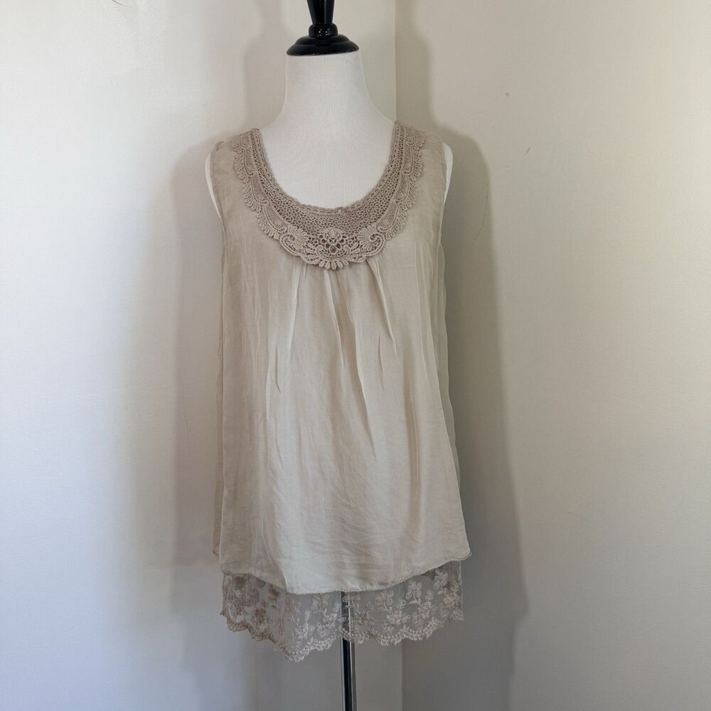 Tendenze Top Women’s M Biege 100% Silk Flowy Boho Lace Layers Sleeveless Italy